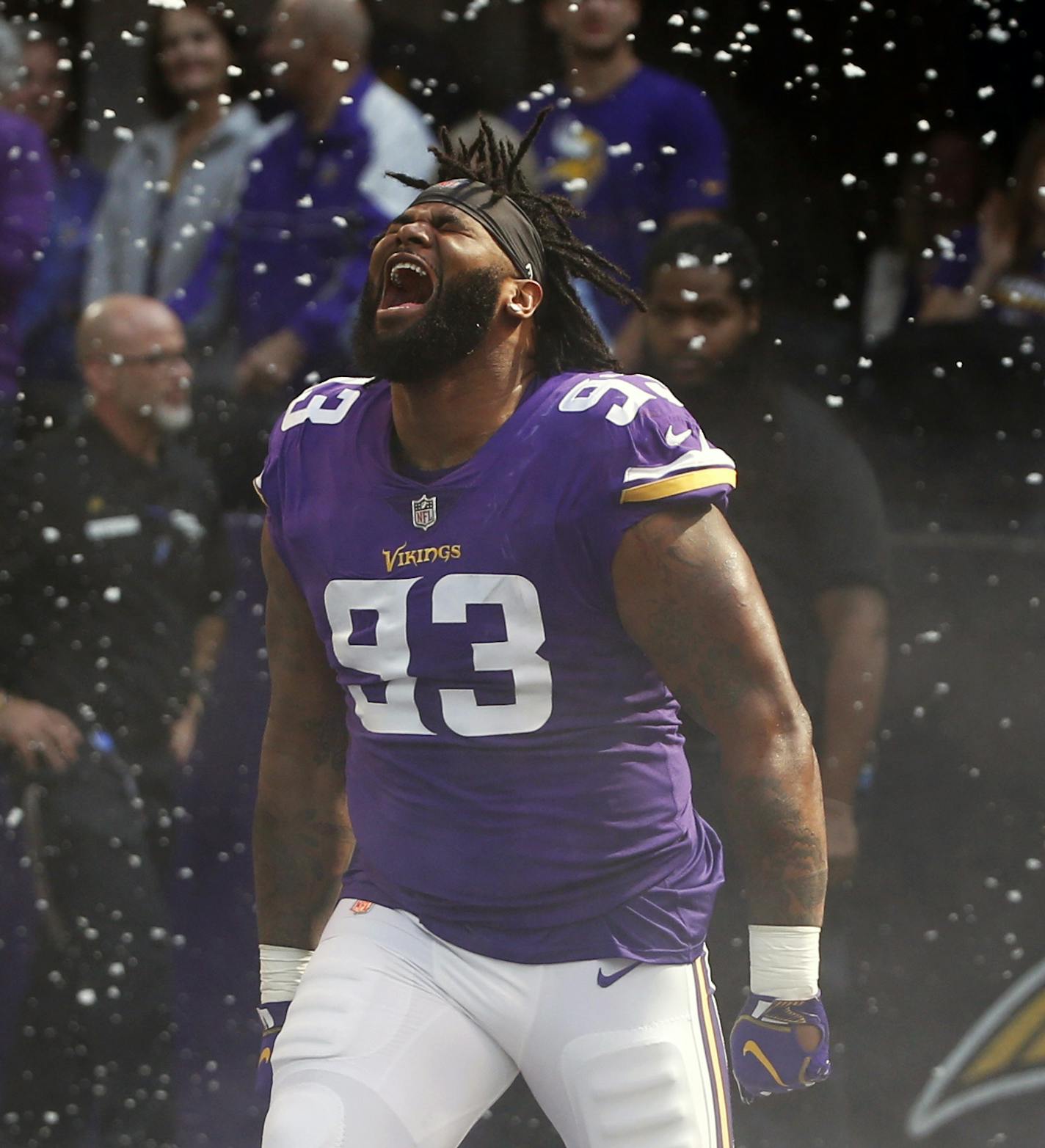 FILE - In this Sept. 23,2018, file photo, Minnesota Vikings defensive tackle Sheldon Richardson runs onto the field before an NFL football game against the Buffalo Bills, in Minneapolis. Richardson is two teams past his time with the New York Jets, refusing to acknowledge any desire for revenge on his original employer that traded him away. He's having a solid first season with the Vikings. The Vikings play at the Jets on Sunday, Oct. 21. (AP Photo/Bruce Kluckhohn, File) ORG XMIT: NY181