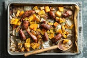 Pan-roasted squash and sausages are a match made in autumn heaven. Recipe by Beth Dooley, photo by Mette Nielsen, Special to the Star Tribune.