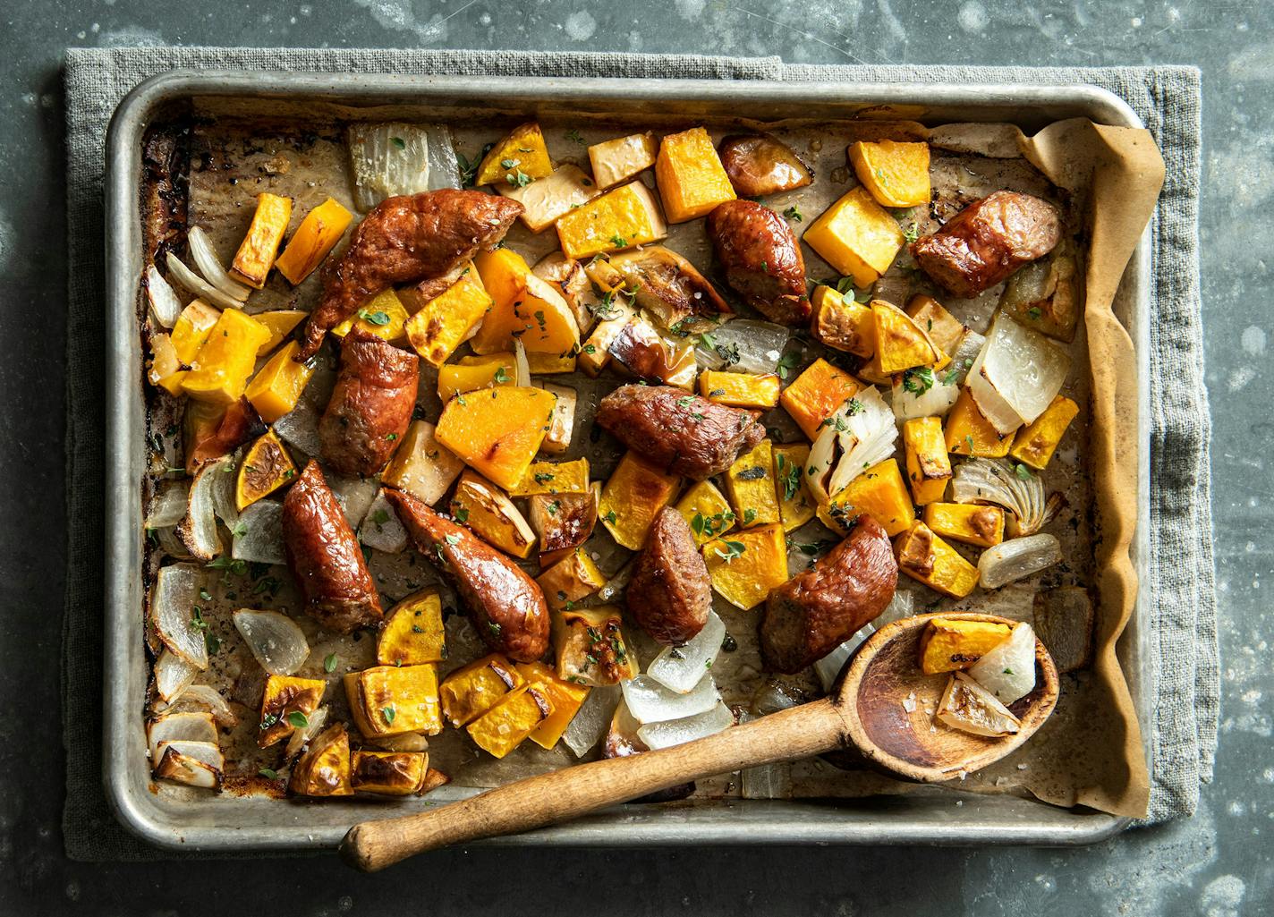 Pan-roasted squash and sausages are a match made in autumn heaven. Recipe by Beth Dooley, photo by Mette Nielsen, Special to the Star Tribune.