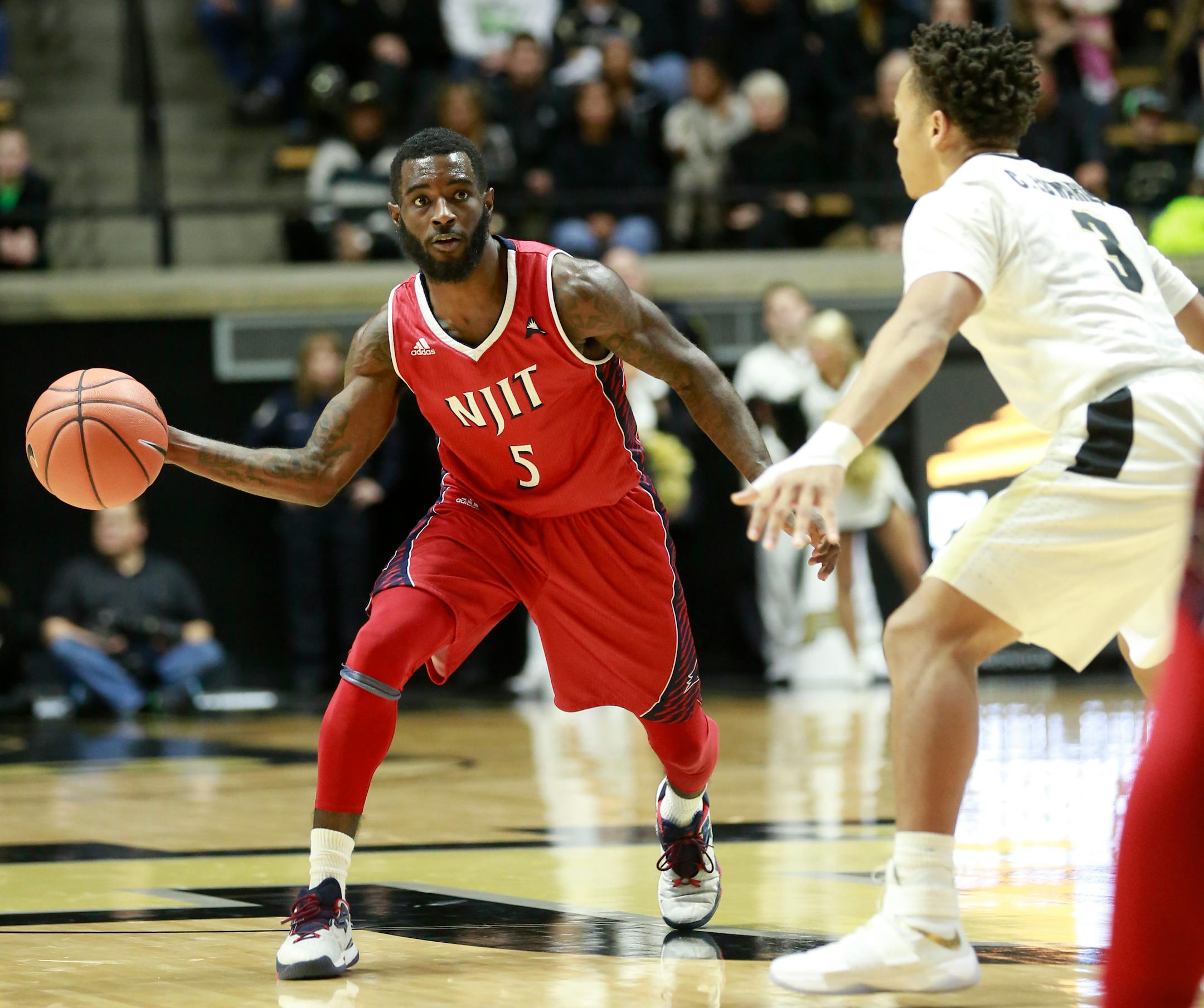 NJIT guard Damon Lynn (5) passes the basketball defended by Purdue guard Carsen Edwards in the second half of an NCAA college basketball game, Saturday, Nov. 26, 2016, in West Lafayette, Ind. (AP Photo/R Brent Smith)