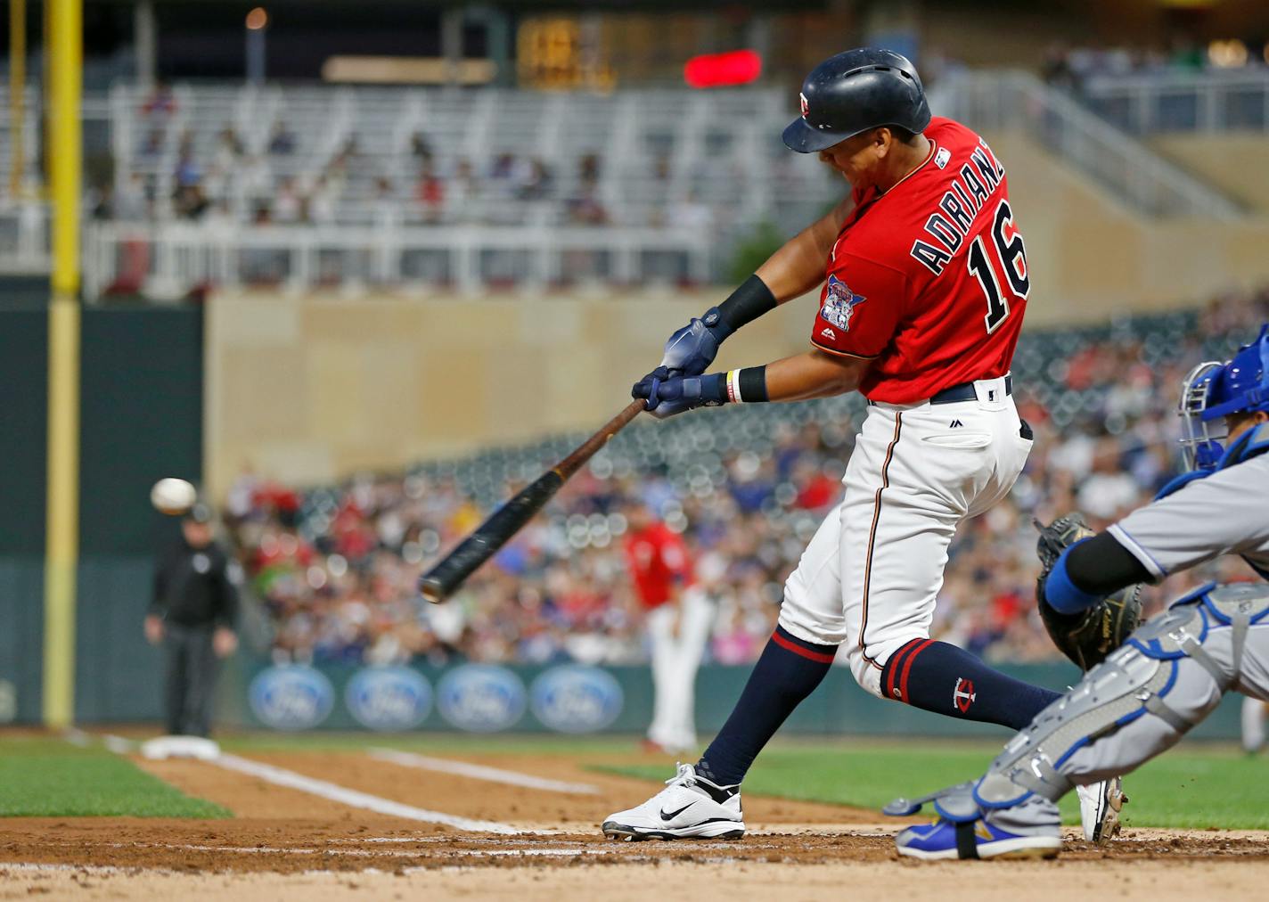 Ehire Adrianza hit a two-run single off Kansas City pitcher Heath Fillmyer last September