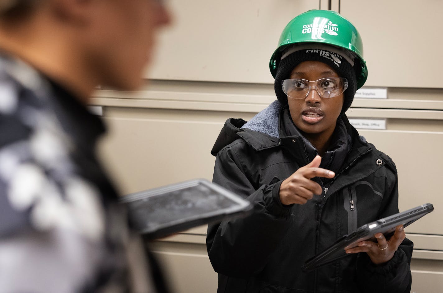 Minnesota Energy Climate Corps team lead Malika Musa during an energy audit Thursday, November 9, 2023, at Fort Snelling State Park in St. Paul, Minn. ] CARLOS GONZALEZ • carlos.gonzalez@startribune.com