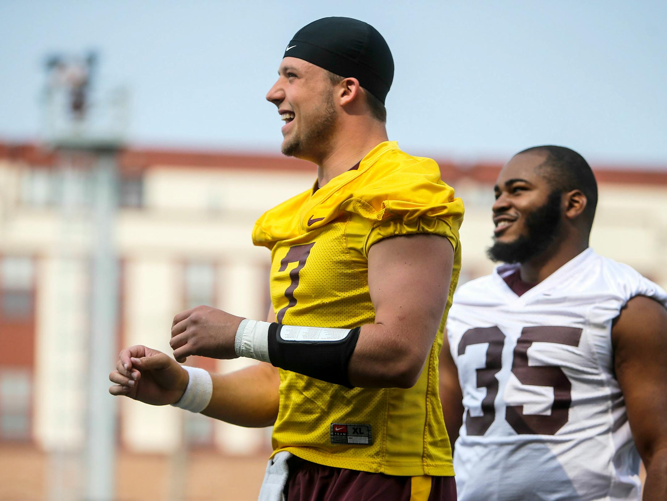 Gophers starting quarterback Mitch Leidner (7) and running back Rodrick Willaims Jr.
