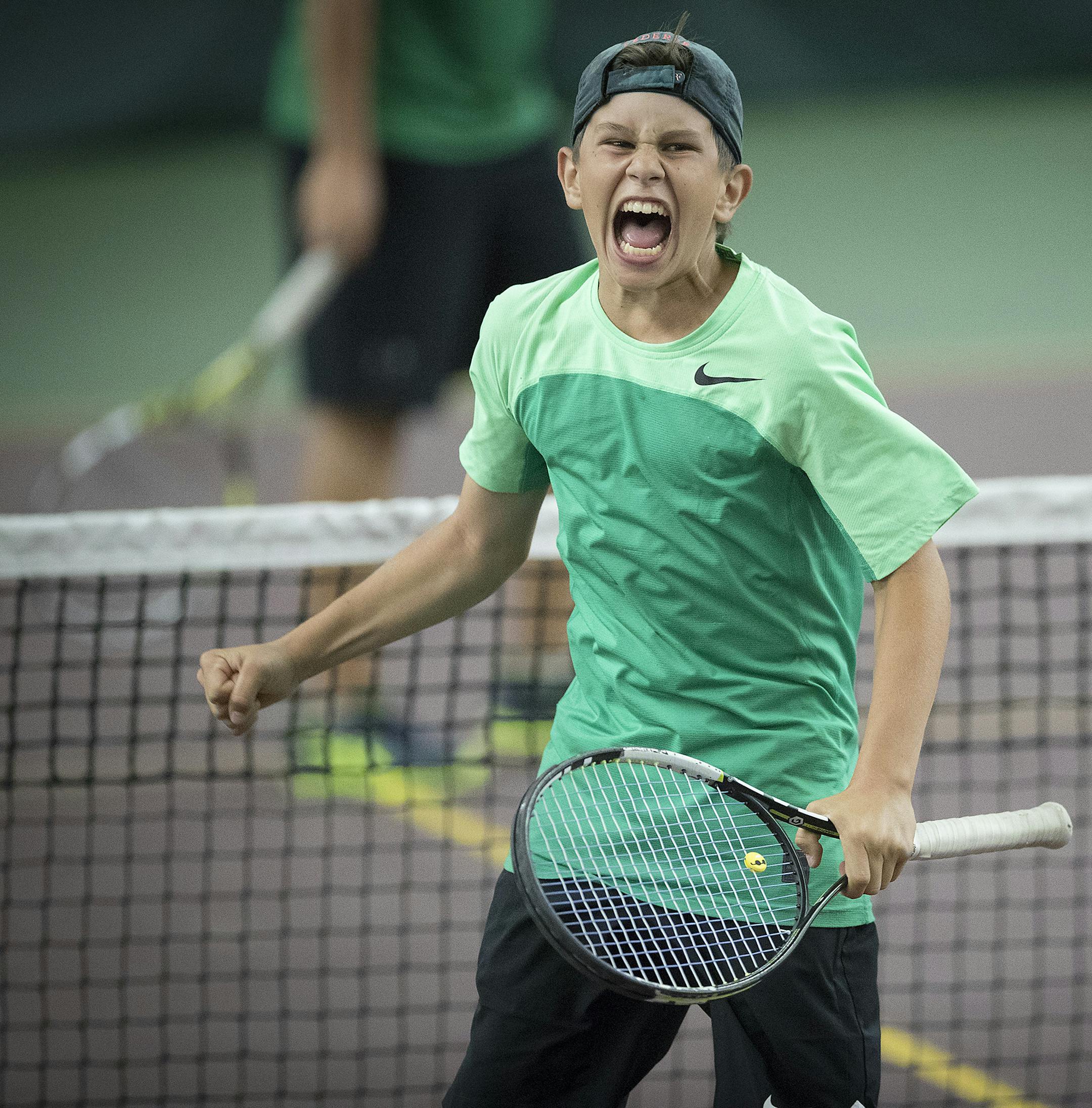 Mounds View 7th-grader Christo Alex defeated Edina's Luke Westholder, 7-5, 6-7, 4-6, during their match at the Class AA Boys' tennis state tournament at the U of M Baseline Tennis Center, Tuesday, June 6, 2017 in Minneapolis, MN. ] ELIZABETH FLORES ï liz.flores@startribune.com