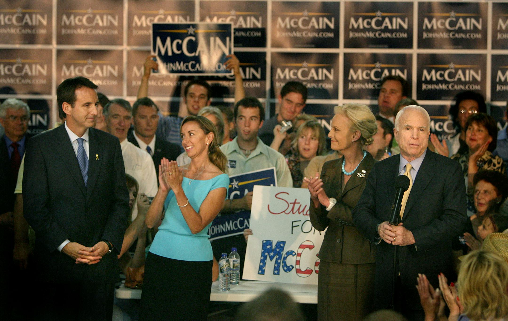 Presidential candidate for the Republican Party John McCain and his wife Cindy, right, greeted staff at his campaign headquarters accompanied by Governor Tim Pawlenty and his wife Mary.