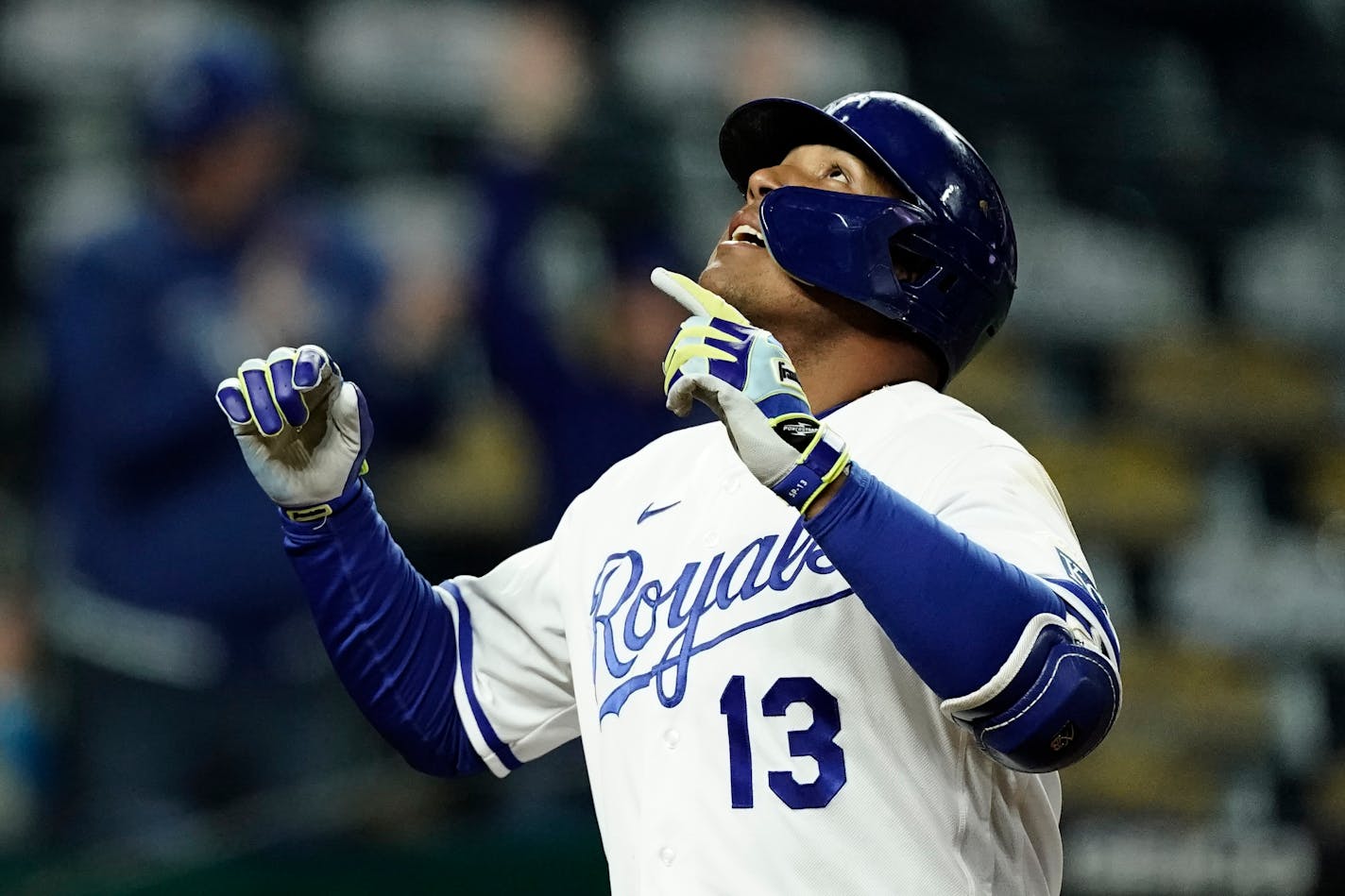 Salvador Perez celebrates after hitting a solo home run during the sixth inning against the Twins on Tuesday