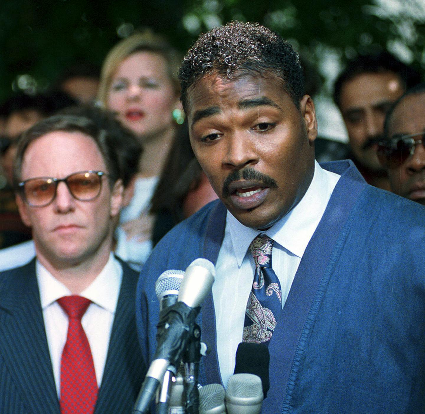 Rodney King, right, pleaded for an end to riots in South Central Los Angeles in 1992 after the acquittal of four cops who beat him.