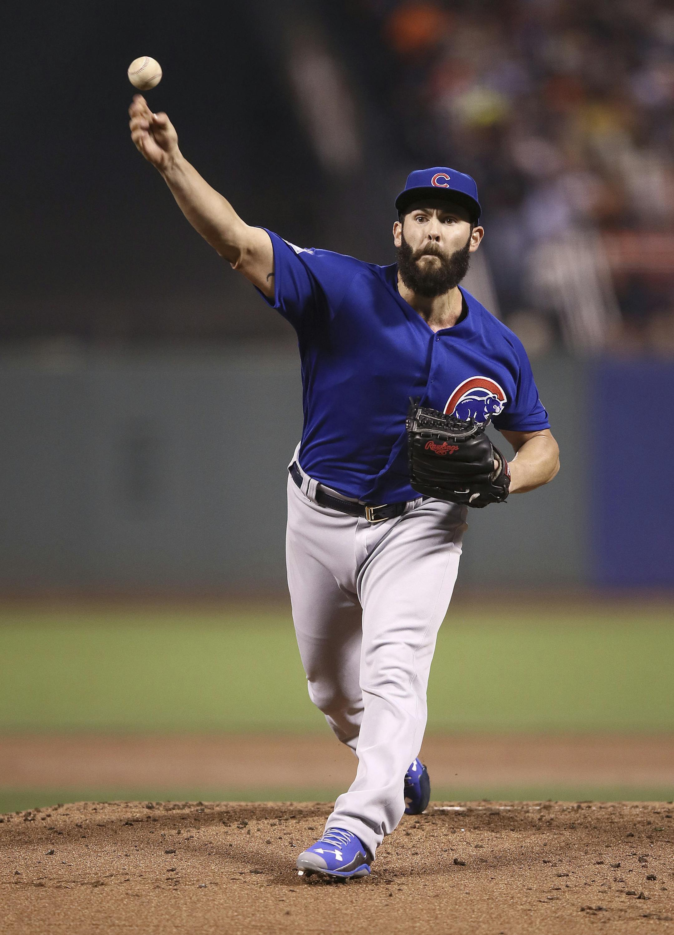 Chicago Cubs pitcher Jake Arrieta throws against the San Francisco Giants during the first inning of Game 3 of baseball's National League Division Series in San Francisco, Monday, Oct. 10, 2016. (Ezra Shaw, Getty Images via AP, Pool) ORG XMIT: FXPB