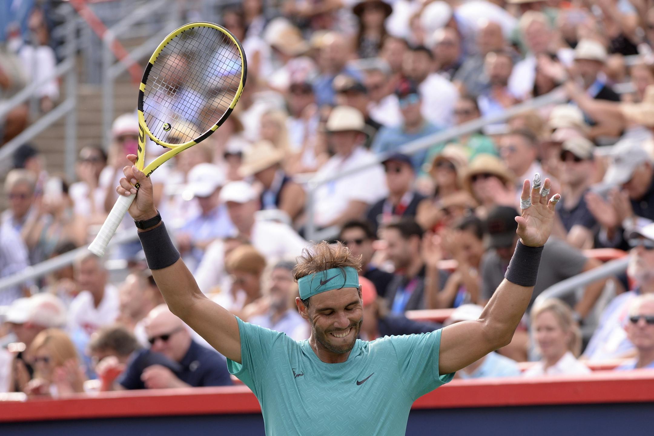 Spain's Rafael Nadal celebrates his win over Russia's Daniil Medvedev in the final of the Rogers Cup tennis tournament in Montreal, Sunday, Aug. 11, 2019. (Paul Chiasson/The Canadian Press via AP)