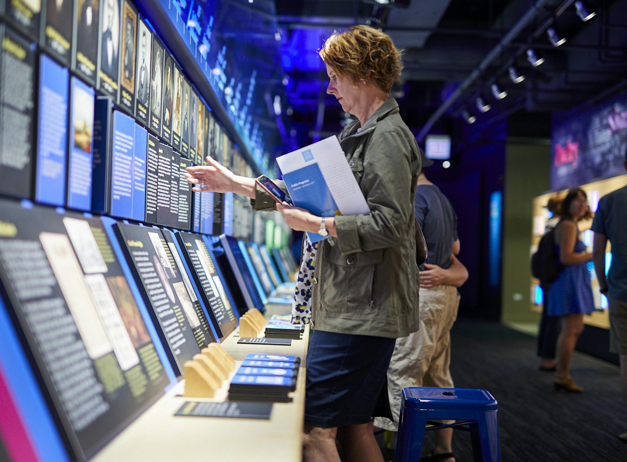 The American Voices gallery at the American Writers Museum is a timeline of deceased writers that chronicles the history of the national written word from the 16th century through the 2000s. Provided by the American Writers Museum.