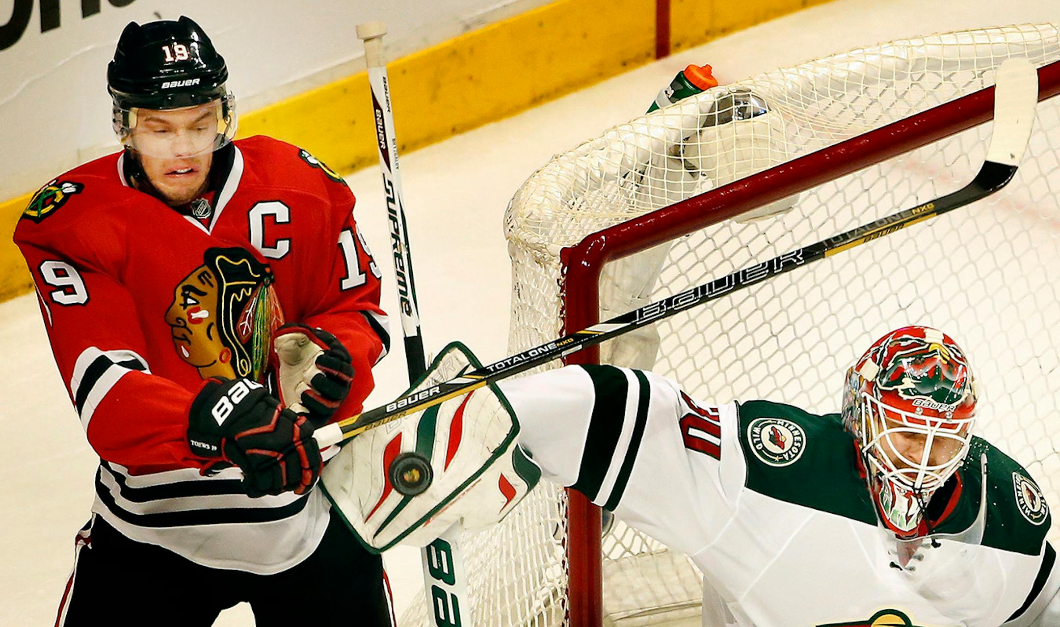 Wild goalie Ilya Bryzgalov made a save on an attempted deflection by Jonathan Toews in the first period.