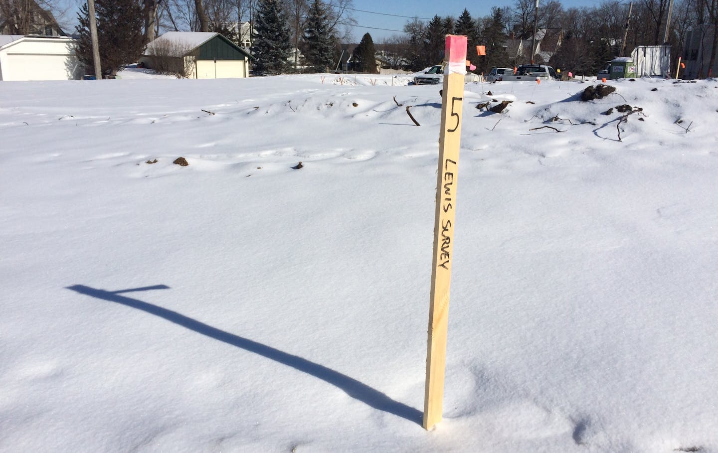 This patch of land in Minnetonka is supposed to become a traffic circle, but work was halted in October because of the discovery of human remains. The state has known for 132 years that this land was home to Indian mounds. This stake marks a boundary plotted from an 1883 survey by T.H. Lewis.