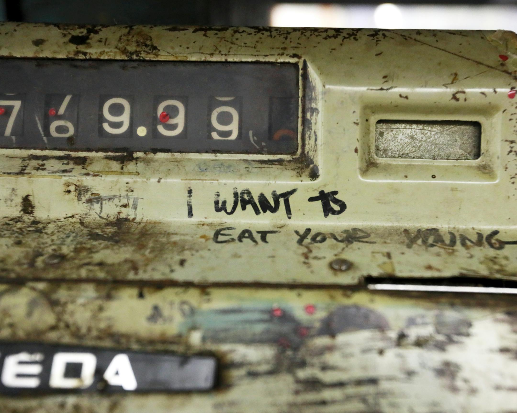 The Hennepin History Museum is doing inventory of different artifacts while celebrating its 80th anniversary in 2018. Here, stored in the basement is a cash register from First Avenue's 7th Street Entry from the 1970s with the marker scrawling: " I want to eat your young," and seen Friday, July 27, 2018, Field in Minneapolis, MN.] DAVID JOLES ï david.joles@startribune.com Hennepin History Museum is doing inventory of different artifacts. The museum is celebrating its 80th anniversary this y