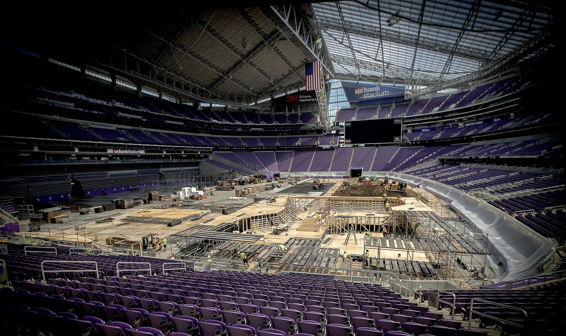 Construction crew worked on assembling different courses for the upcoming X Games that will be held in the US Bank Stadium, Friday, June 30, 2017 in Minneapolis, MN.