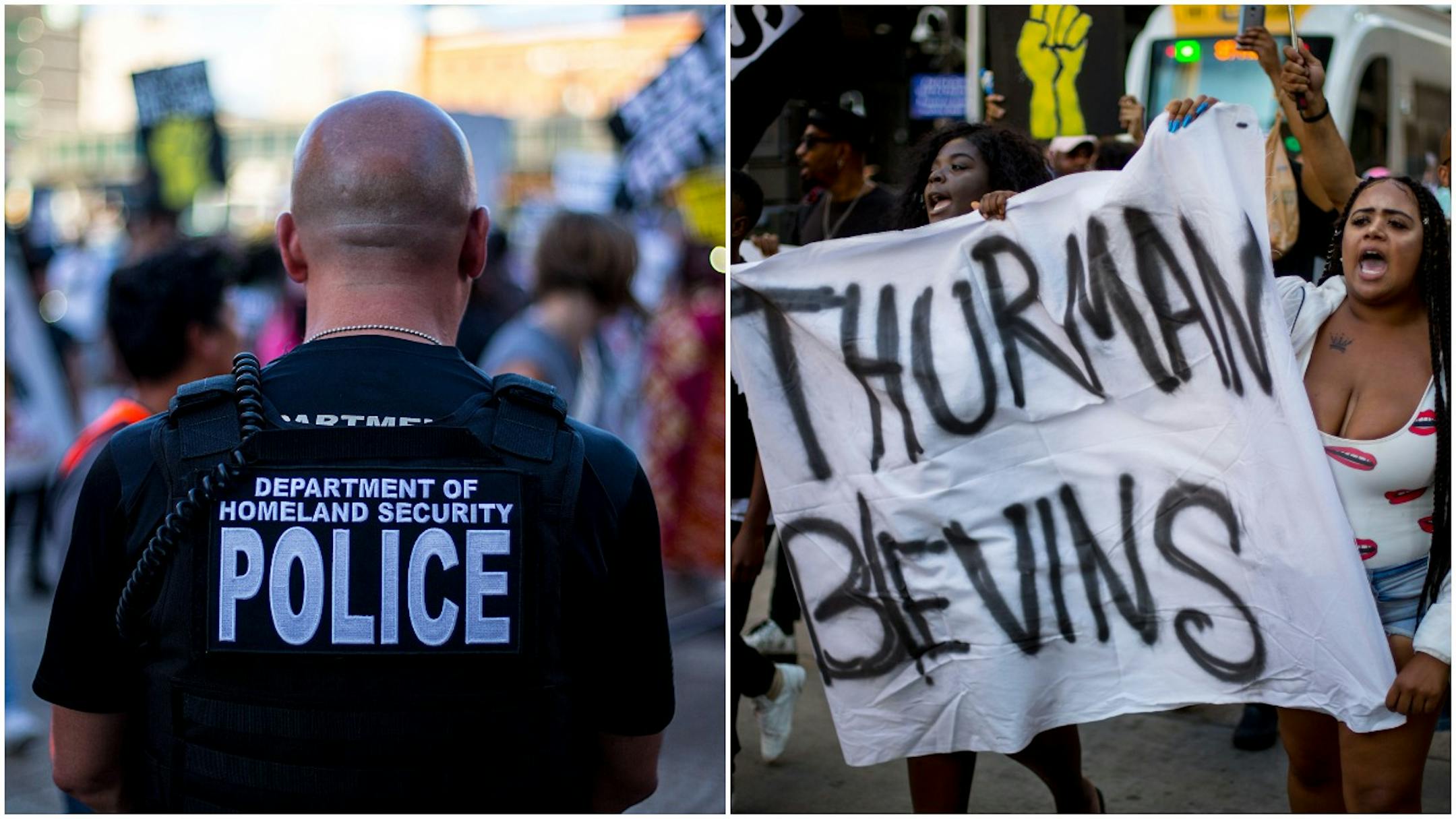 Protesters marched July 31, two days after Minneapolis Mayor Jacob Frey released the police body camera footage from the fatal shooting of Thurman Blevins, while police looked on