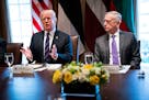 Defense Secretary Jim Mattis looks on as President Donald Trump speaks during a working lunch with Baltic leaders, at the White House in Washington, A