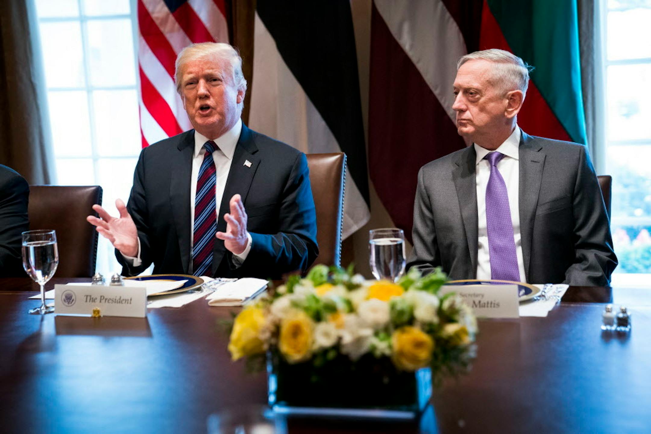 Defense Secretary Jim Mattis looks on as President Donald Trump speaks during a working lunch with Baltic leaders, at the White House in Washington, April 3, 2018.