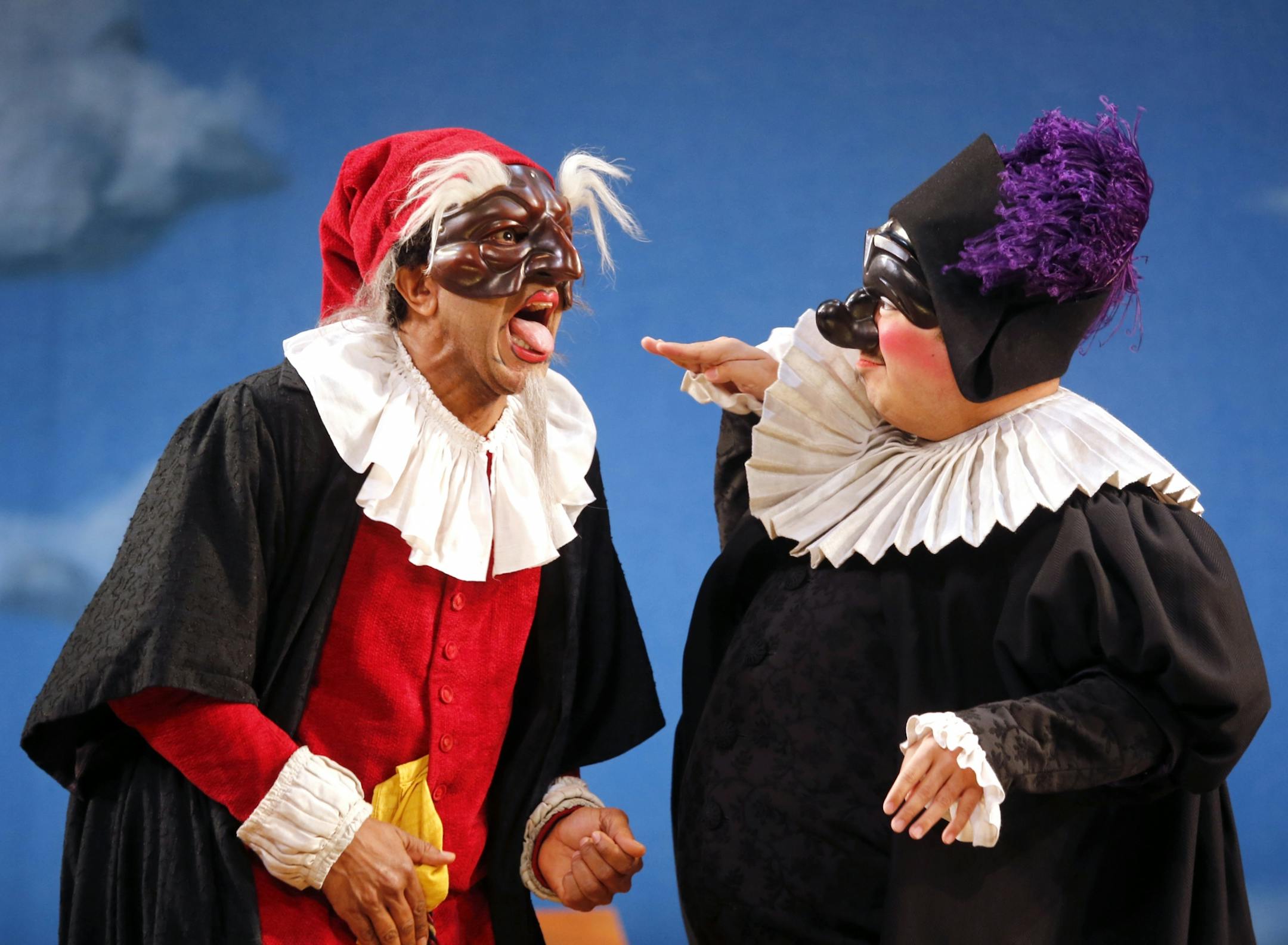 In this photo_Left, Allen Gilmore, Panatalone and Don Darryl Rivera, Il Dottore, during dress rehearsal._For director Chris Bayes, the production of Carlo Goldoni's "Servant of Two Masters" represents a return home. And what a celebrated return. The show, whose premiere was lauded at the Yale Repertory and in Washington D.C., stars Steve Epp, with whom Bayes worked 30 years ago in Theatre de la Jeune Lune. Sarah Agnew, also a former Jeune Luner, is in the company, as is Randy Reyes, whom Bayes t