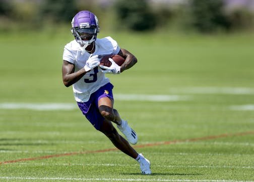 Minnesota Vikings rookie receiver Jordan Addison (3) during practice Wednesday, July 26, 2023, at TCO Performance Center in Eagan, Minn. Minnesota Vikings Training Camp ] CARLOS GONZALEZ • carlos.gonzalez@startribune.com