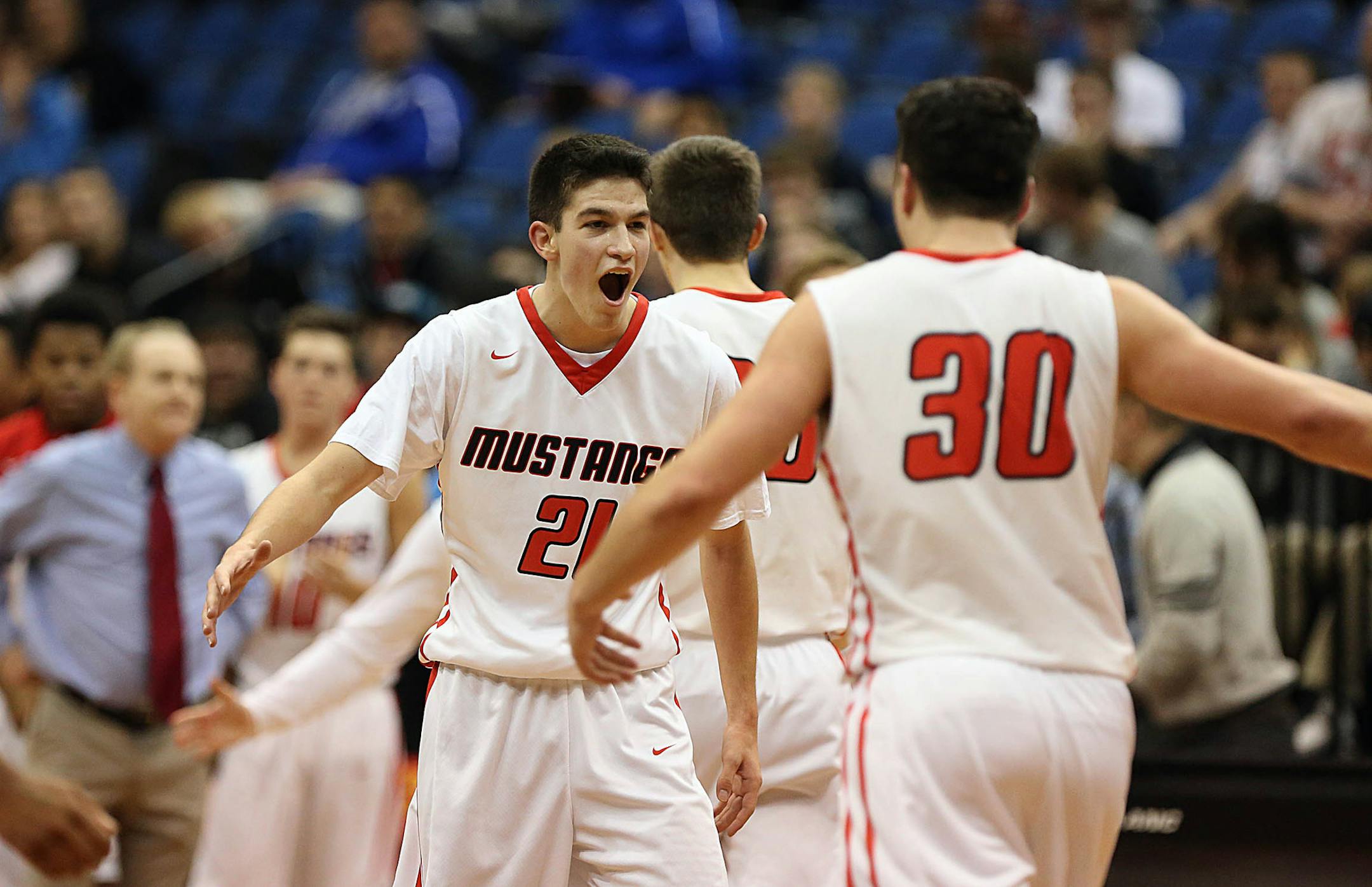 Maranatha Christian Academyís Jake Meyen shouted to teammates late in the game when a time out was called.] JIM GEHRZ ï james.gehrz@startribune.com / Minneapolis, MN / March 13, 2015 /2:00 PM ñ BACKGROUND INFORMATION: The Battle Lake High School Battlers played the Maranatha Christian Academy Mustangs in the State Boys' Basketball Tournament Class 1A semifinals at the Target Center. Maranatha Christian Academy won the game, 74-69.