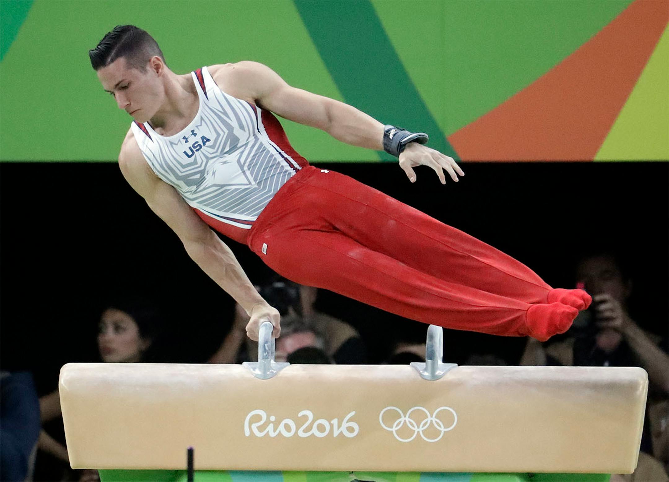 United States' Alexander Naddour performs on the pommel horse during the artistic gymnastics men's apparatus final at the 2016 Summer Olympics in Rio de Janeiro, Brazil, Sunday, Aug. 14, 2016.