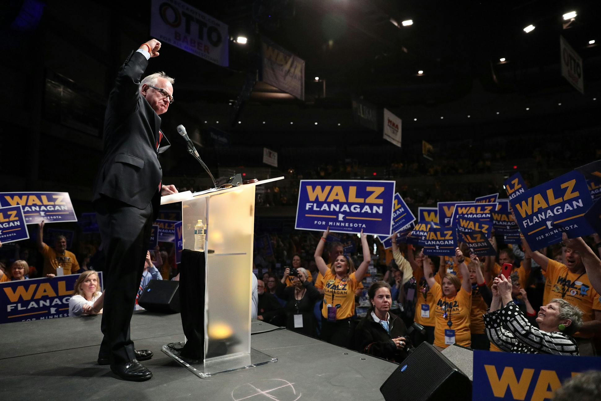 Walz pumped his fist as he took the stage to speak at the DFL State Convention.