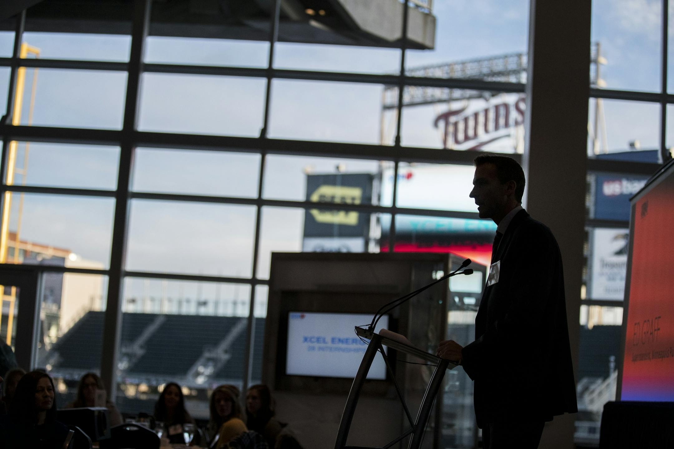 Ed Graff speaks at the STEP-UP Achieve Partners Breakfast at Target Field.
