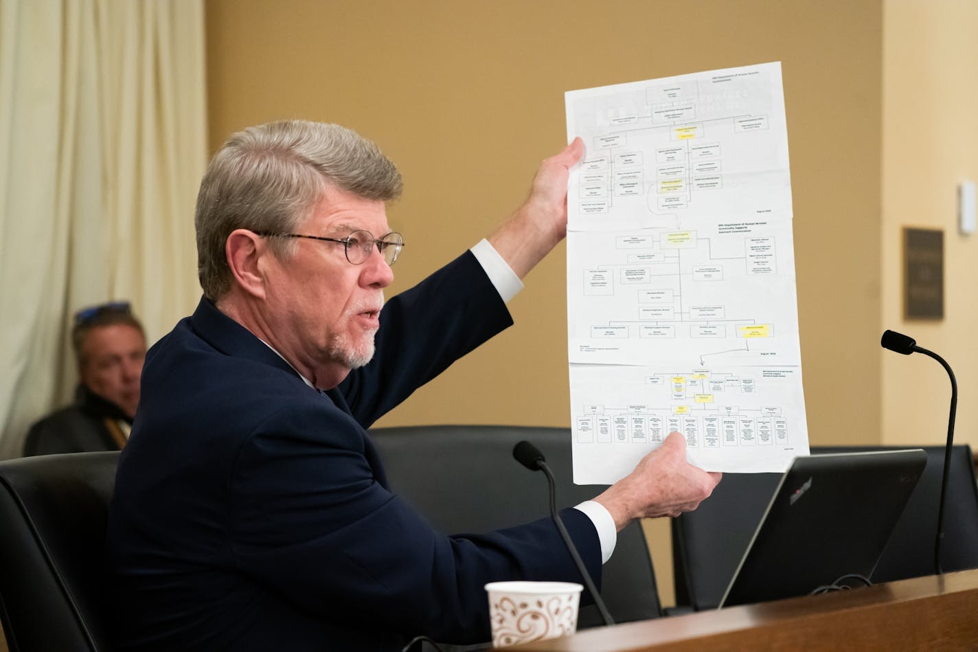 Legislative Auditor James Nobles held up the complicated organizational chart of DHS as he spoke on the results of its investigation into Medicaid overpayments by the state Department of Human Services (DHS) to Indian bands for opioid addiction treatment.