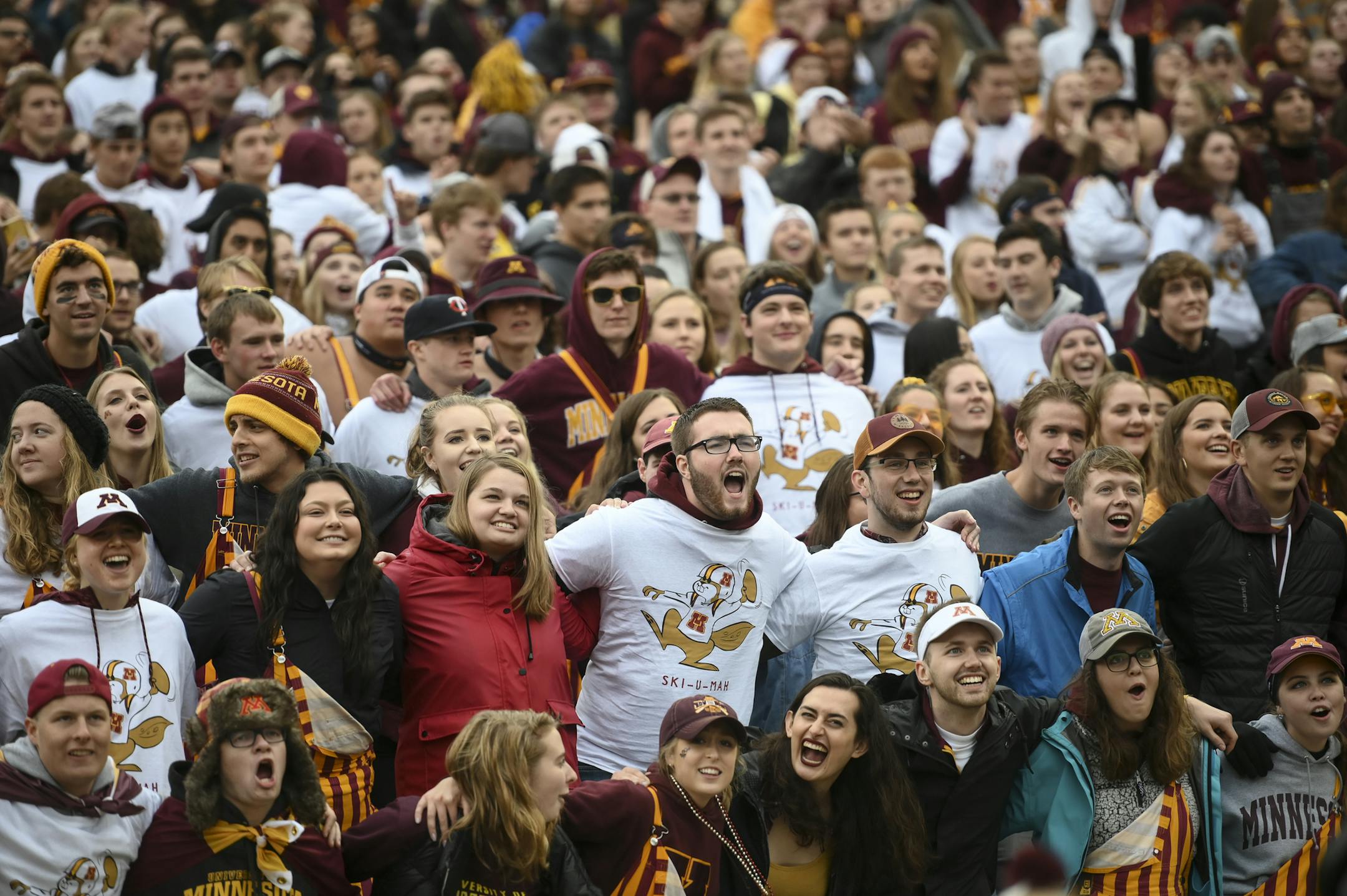 The Gophers student section cheered for the team before their game against Illinois. ] Aaron Lavinsky • aaron.lavinsky@startribune.com The Gophers played the Illinois Fighting Illini on Saturday, Oct. 5, 2019 at TCF Bank Stadium in Minneapolis, Minn.