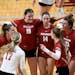 The Wisconsin Badgers celebrated a point against the Gophers in the third set. ] Aaron Lavinsky • aaron.lavinsky@startribune.com The Minnesota Gophe