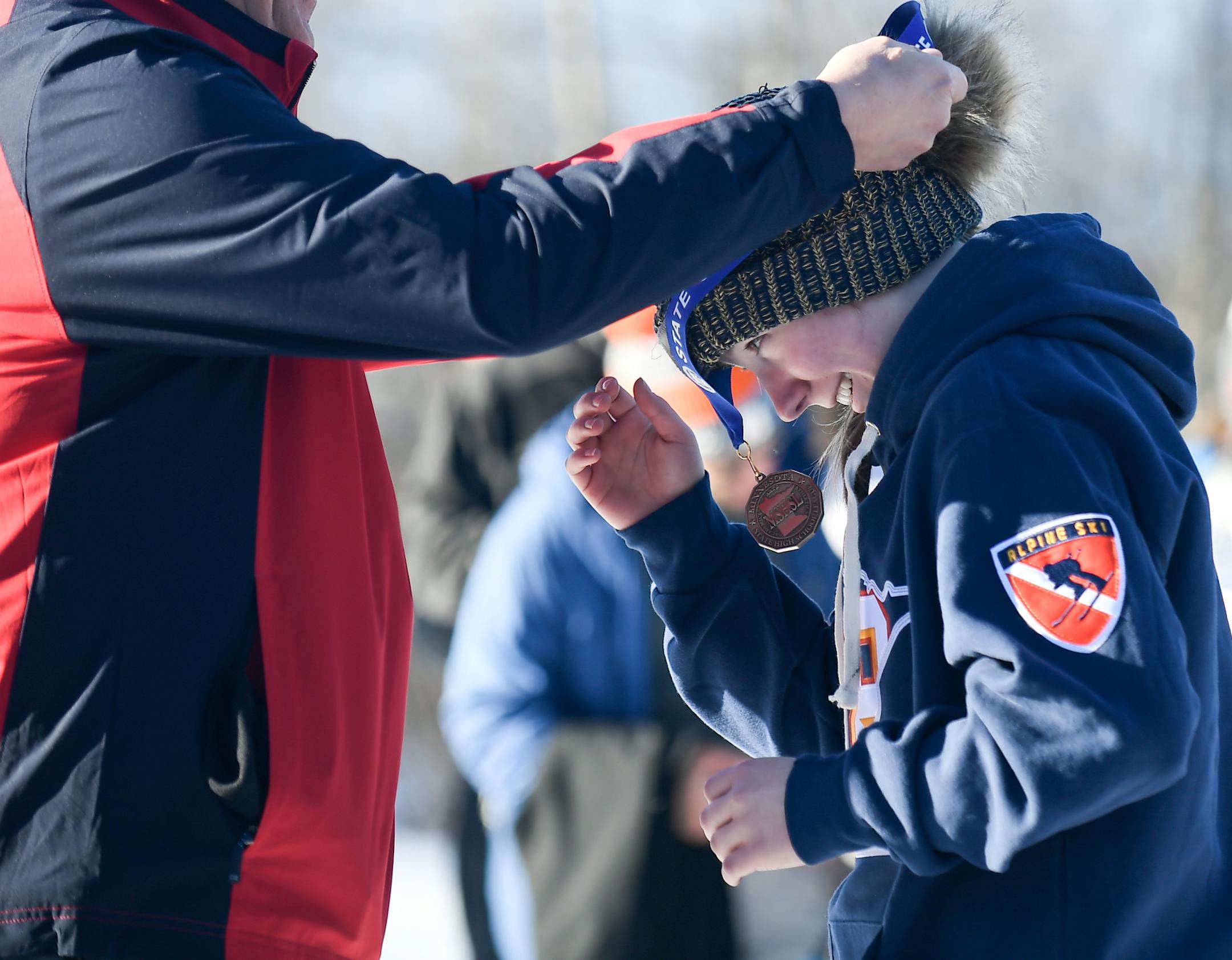 Eden Prairie's Becca Divine was awarded a first place medal in alpine racing Wednesday. ] AARON LAVINSKY • aaron.lavinsky@startribune.com The alpine skiing state meet was held Wednesday, Feb. 14, 2018 at Giants Ridge in Biwabik, Minn.