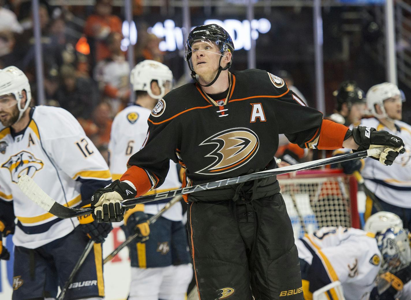 Anaheim Ducks' right wing Corey Perry (10) skates away in the closing seconds of the Ducks loss to the Nashville Predators of Game 7 in an NHL hockey Stanley Cup playoffs first-round series in Anaheim, Calif., Wednesday, April 27, 2016. (Michael Goulding/The Orange County Register via AP) MAGS OUT; LOS ANGELES TIMES OUT; MANDATORY CREDIT ORG XMIT: MIN2016050819223430