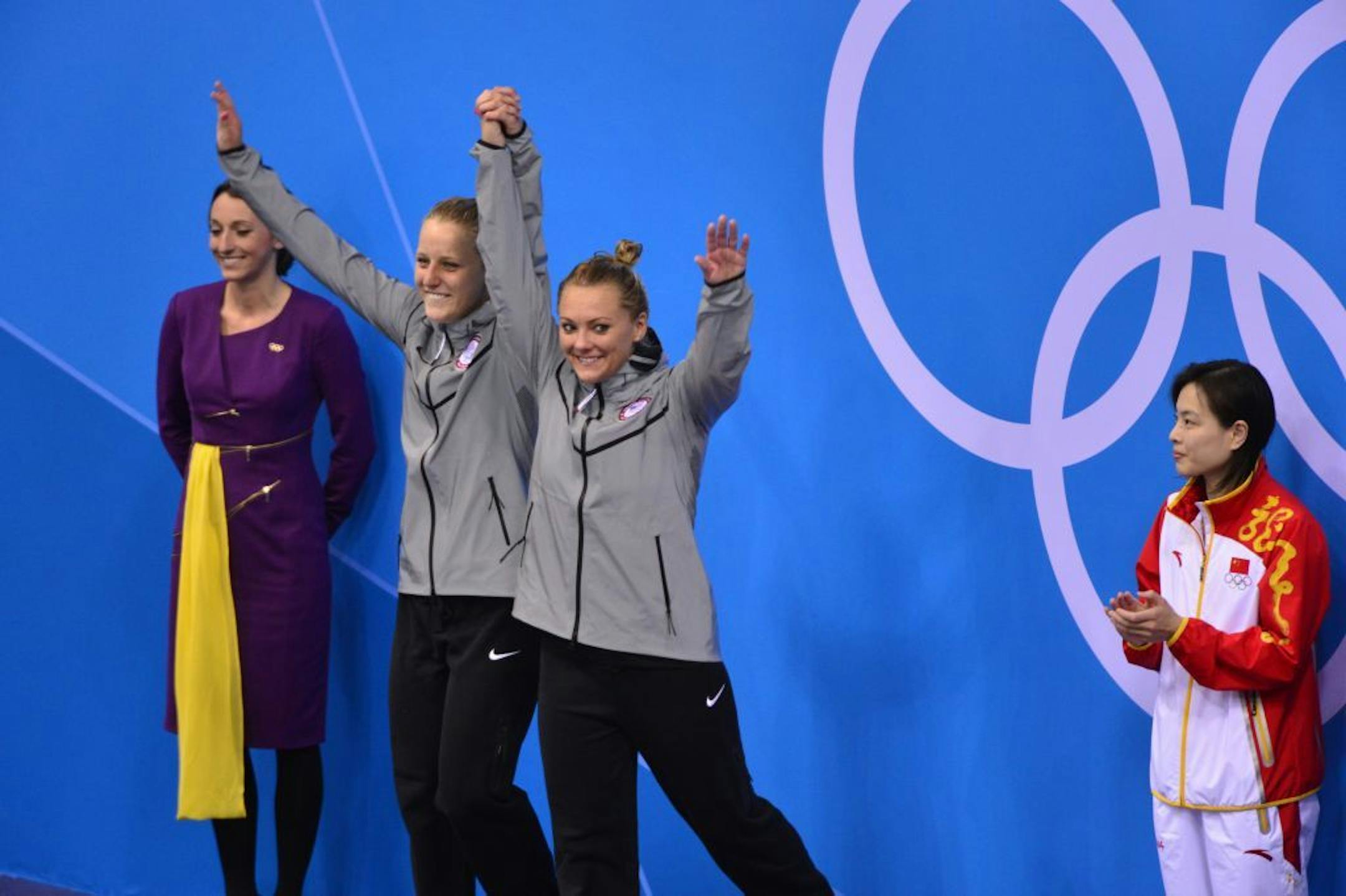 Kelci Bryant (right) and Abigail Johnston (left) took the silver mdeal in the Women's Synchronized 3 meter Springboard. The Chinese (right) took the gold.
