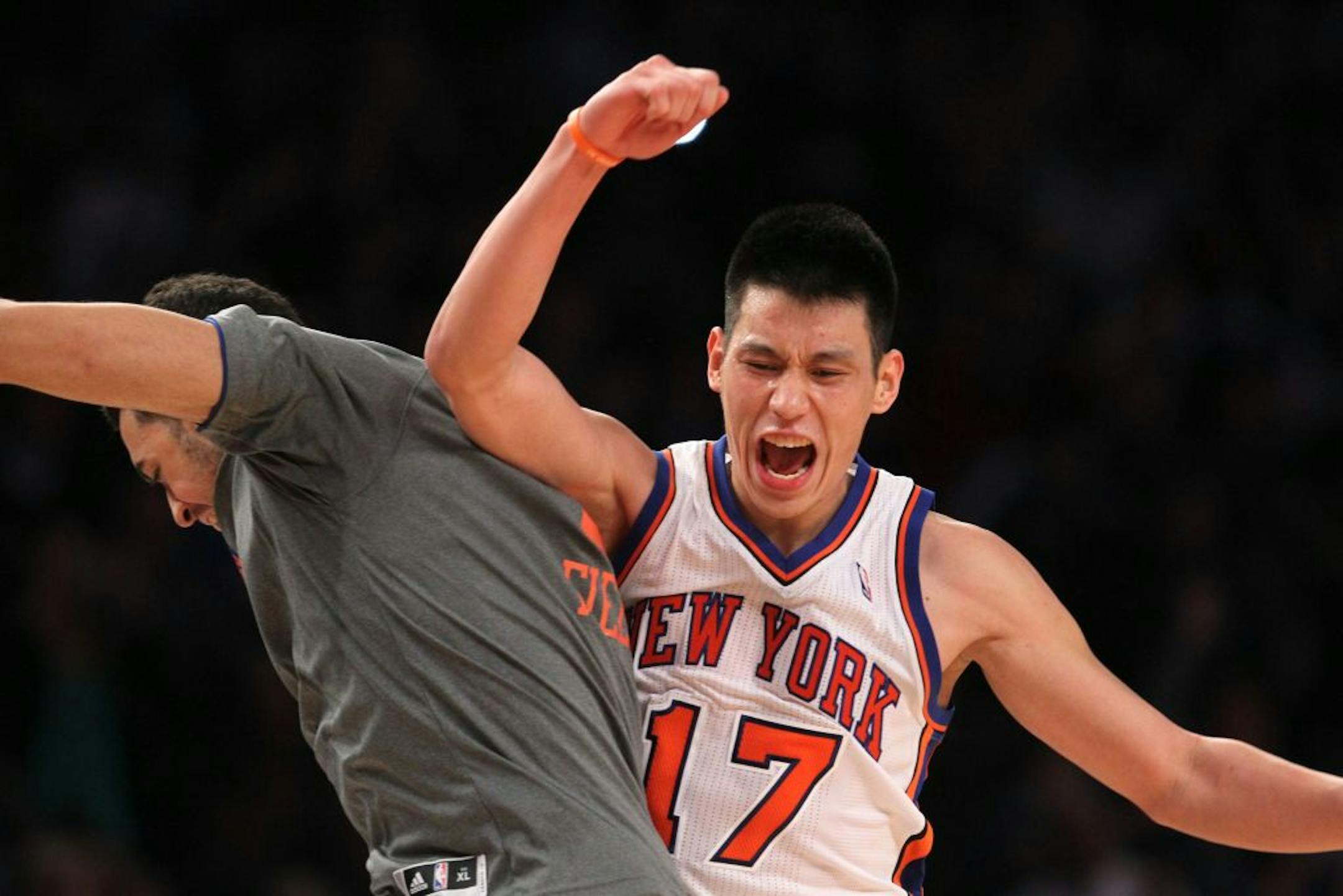 Jeremy Lin (17) of the New York Knicks celebrates after hitting a 3-point shot against the Los Angeles Lakers at Madison Square Garden in New York on Friday, February 10, 2012. The Knicks knocked off the Lakers, 92-85.