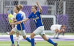 Wayzata's Jackson Widman celebrates their 3-2 overtime win over Woodbury during their 3A soccer state championship game at US Bank Stadium.