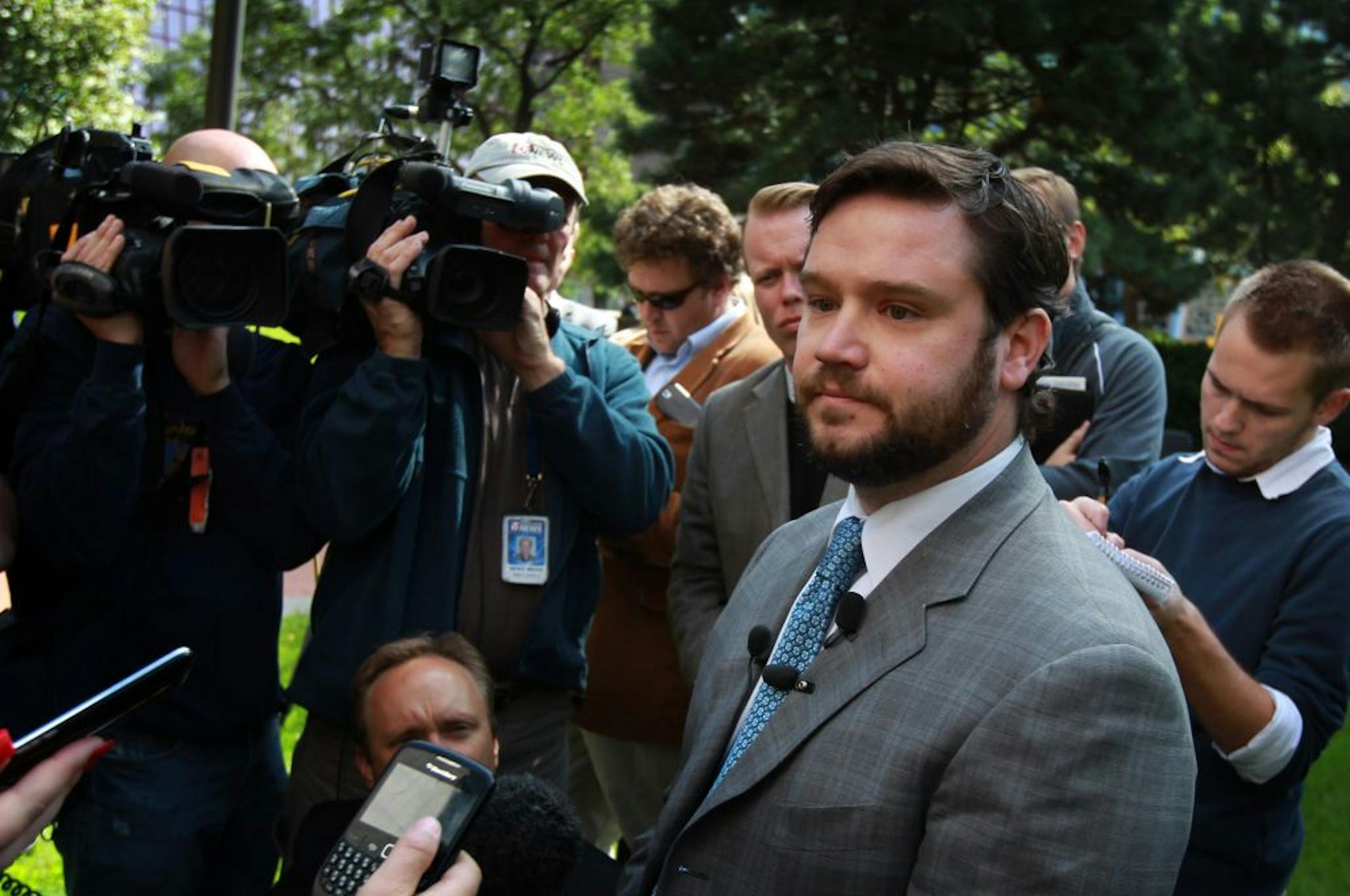 Attorney Eric Nelson spoke to the media about his client Amy Senser Thursday September 15, 2011. Amy Senser was charged with felony in the fatal hit-and run that killed Anousone Phanthavong, 38, of Roseville.