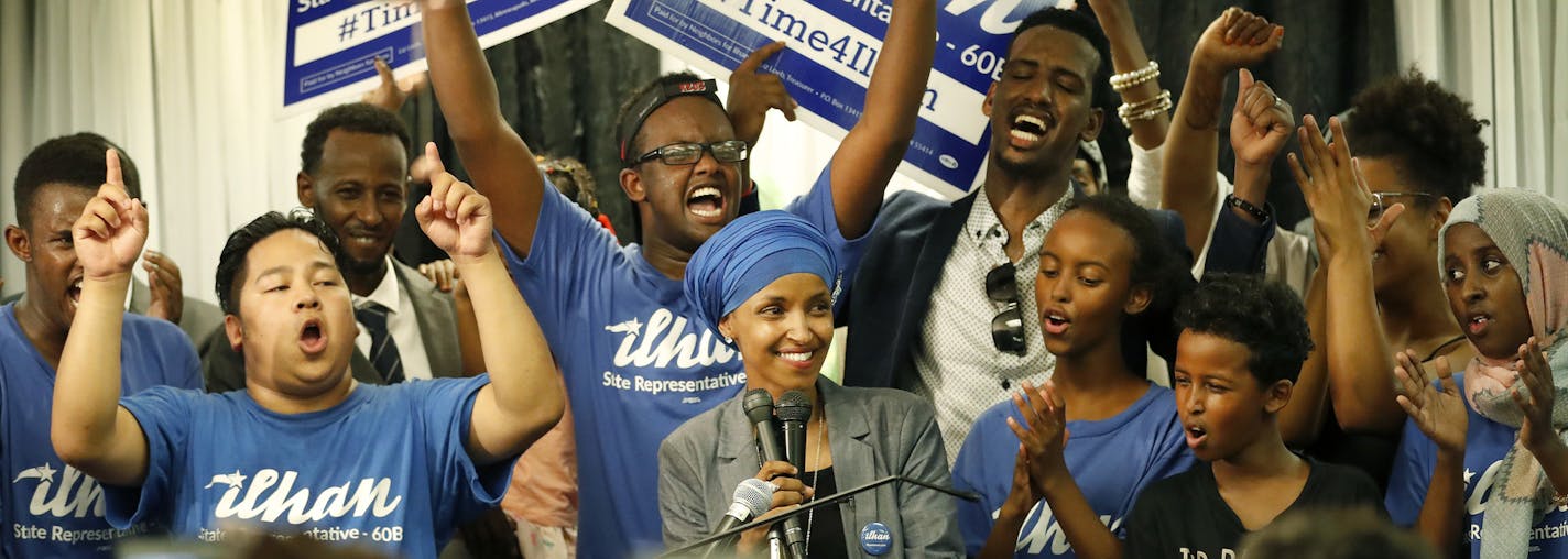 Ilhan Omar spoke to supporters at Kalsan in Minneapolis. ] CARLOS GONZALEZ cgonzalez@startribune.com - August 9, 2016, Minneapolis, MN, A handful of sitting legislators faced tough primary challenges this year, including Reps. Phyllis Kahn, Joe Mullery, Kurt Daudt and Rena Moran.