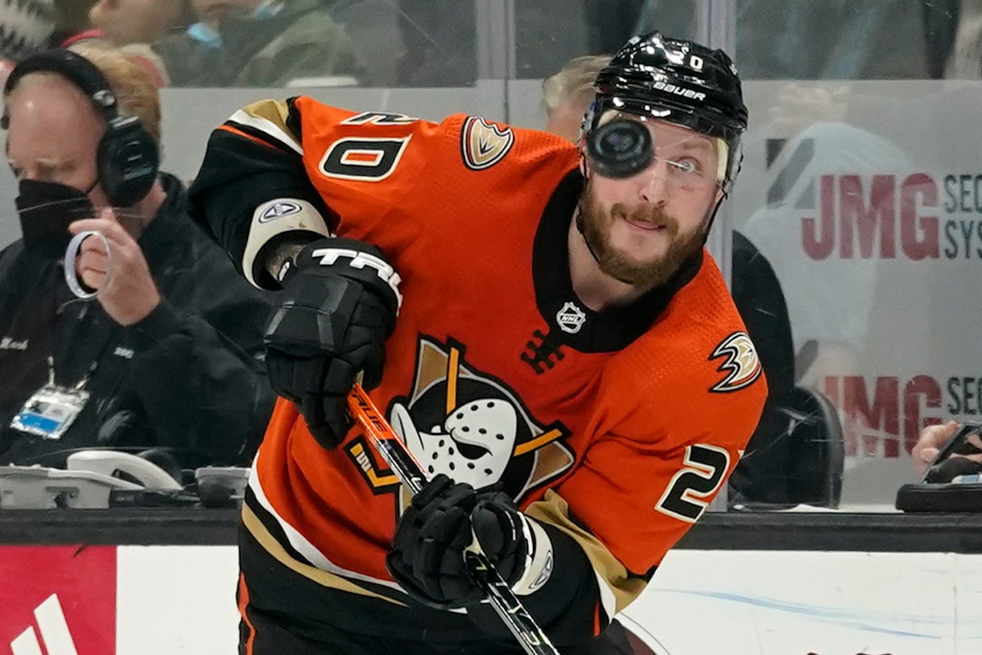 Anaheim Ducks left wing Nicolas Deslauriers (20) shoots during the second period of an NHL hockey game against the Florida Panthers in Anaheim, Calif., Friday, March 18, 2022. (AP Photo/Ashley Landis)