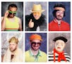 Six yearbook photos show: a cross-country runner lowering his sunglasses, a giddy man with a feather boa and a cowboy hat, a guy in a red tracksuit an