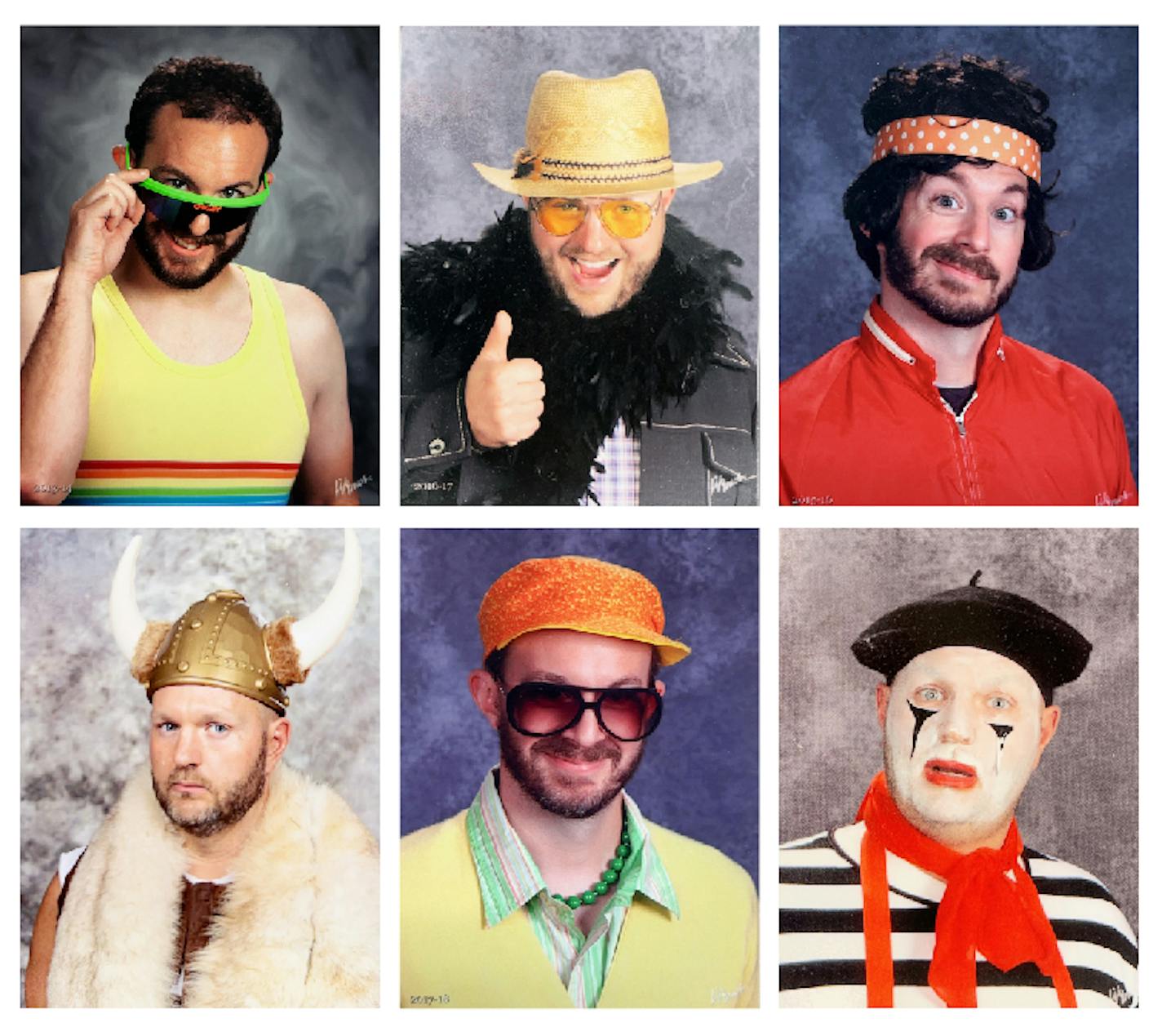 Six yearbook photos show: a cross-country runner lowering his sunglasses, a giddy man with a feather boa and a cowboy hat, a guy in a red tracksuit and polka-dot bandana, a Viking, a preppy bohemian and a mime with his face painted white, a beret and black and white striped shirt.