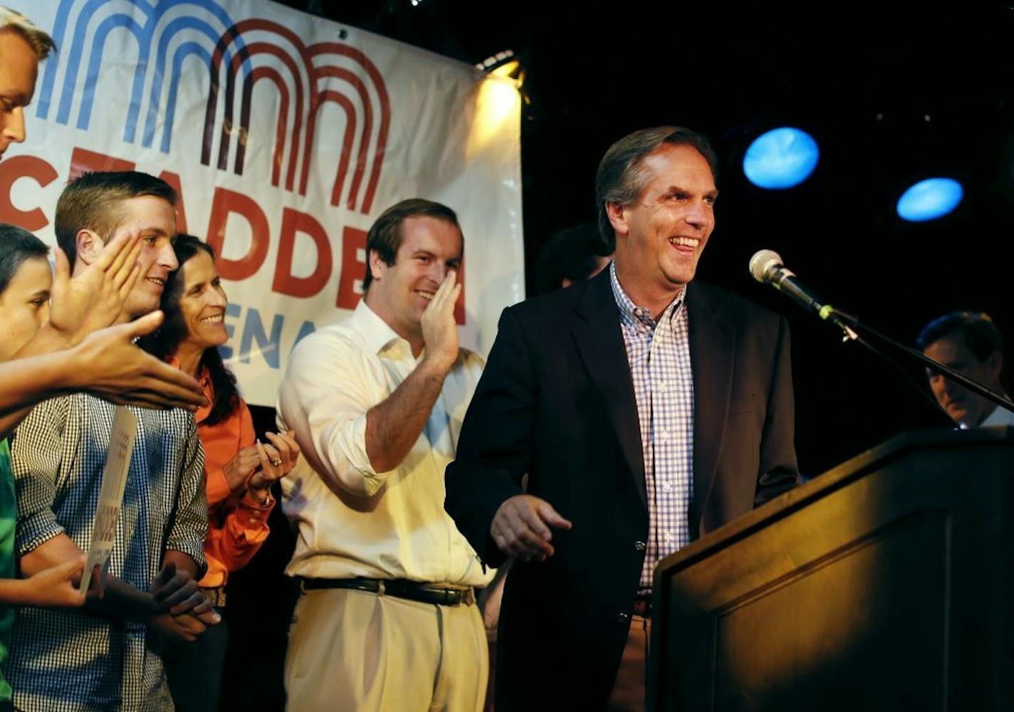 GOP Senate hopeful Mike McFadden spoke to supporters during a victory party at O' Gara's Bar and Grill Tuesday night August 12 , 2014 in St. Paul MN .