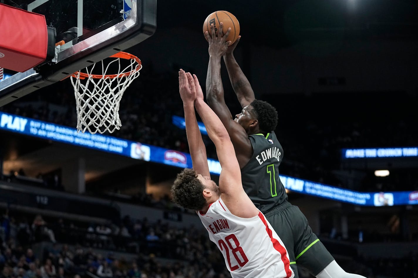 Wolves guard Anthony Edwards posterized Rockets center Alperen Sengun during the first half Saturday night at Target Center, on the way to scoring 44 points.