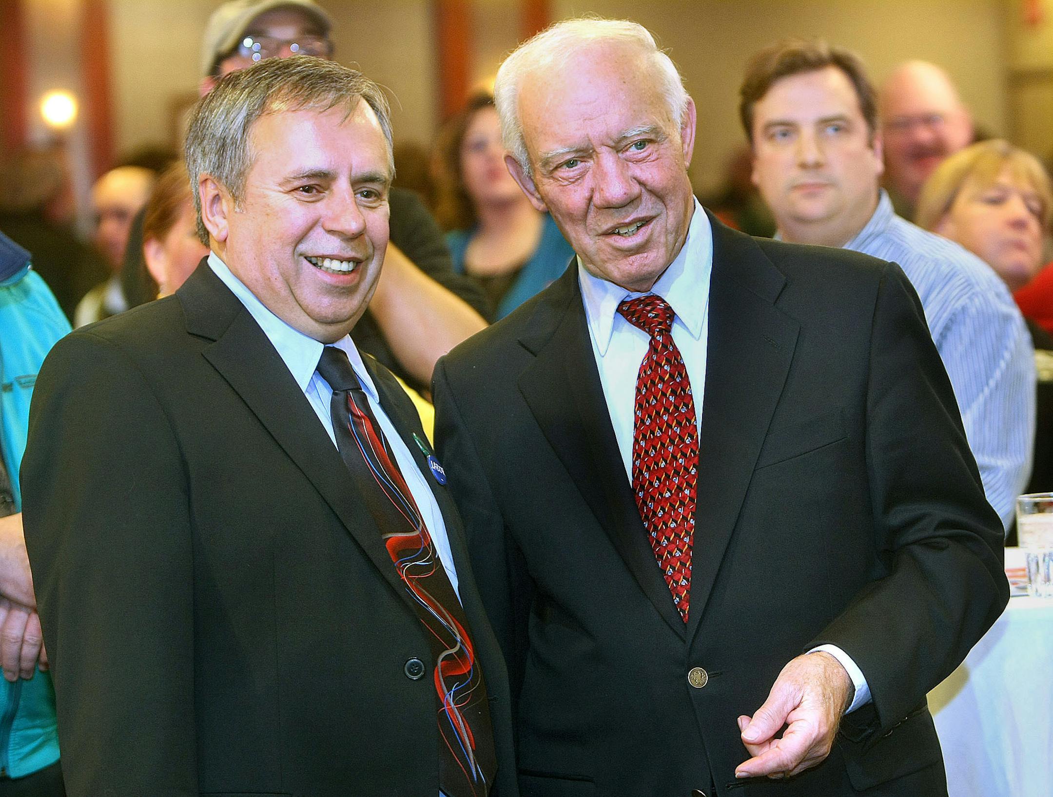 Rep. Jim Oberstar, D-Minn., right, is joined by long-time friend Kerry Gauthier, who's running for state representative, as the two watch the results of the election on TV Tuesday night, Nov. 2, 2010 at the Downtown Holiday Inn in Duluth, Minn. (AP Photo/The Duluth News-Tribune, Bob King)
