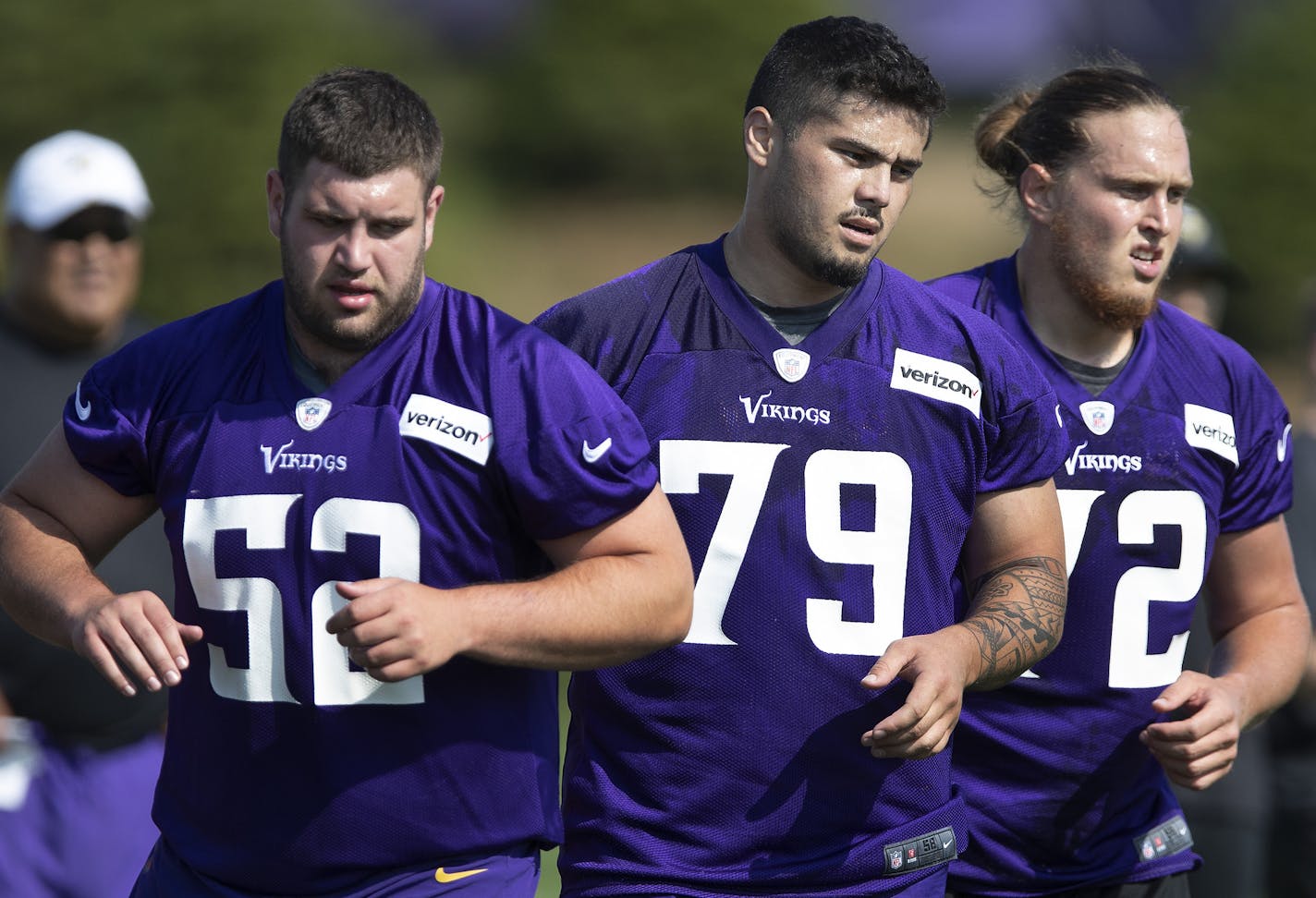 Vikings rookies John Keenoy left Tiano Pupungatoa and Storm Norton during the first day of training for Vikings rookies at TCO Performance Center July,23 2019 in Eagan, MN.] Jerry Holt &#x2022; Jerry.holt@startribune.com