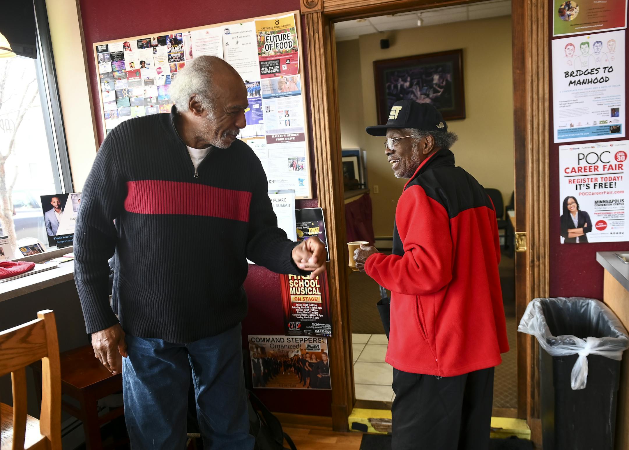 Osmon Ognun, 73, of Minneapolis, greeted fellow Golden Thyme regular Mahmoud El-Kati, 84, from the Rondo Neighborhood, Wednesday afternoon. "It&#xd5;s a soft warm spot of light" said El-kati of the coffee shop in the heart of the Rondo neighborhood. ] Aaron Lavinsky &#xa5; aaron.lavinsky@startribune.com Work is almost complete at the Selby Milton Victoria Project, two newly constructed commercial buildings in the historic Rondo area of St. Paul. Senior housing and an array of black businesses in