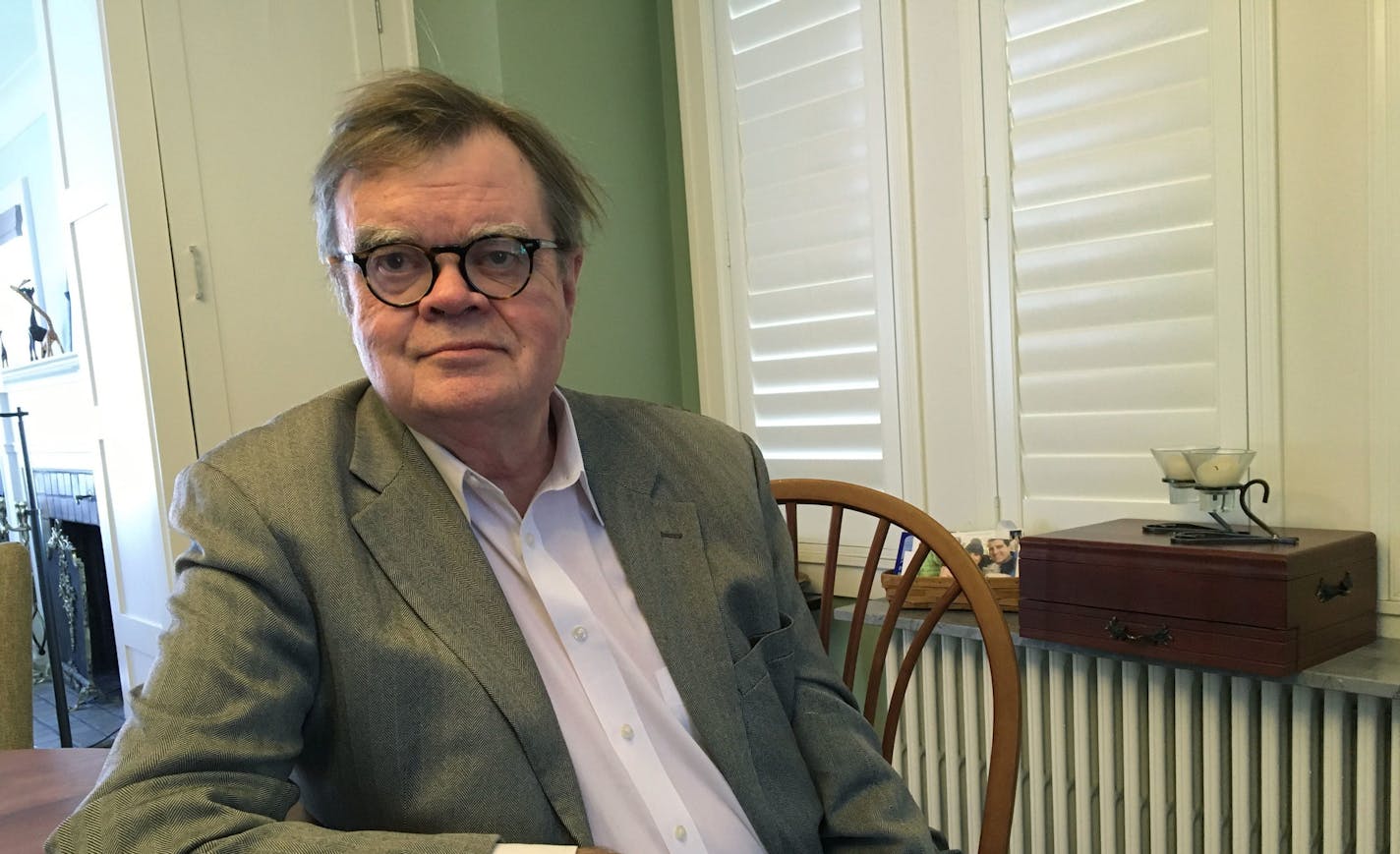 In this Friday, Feb. 23, 2018 photo, Garrison Keillor poses for a photo in Minneapolis. Keillor discusses allegations of sexual harassment in his first extended interview since Minnesota Public Radio severed ties with the former "A Prairie Home Companion" creator and host in November. (AP Photo/Jeff Baenen)