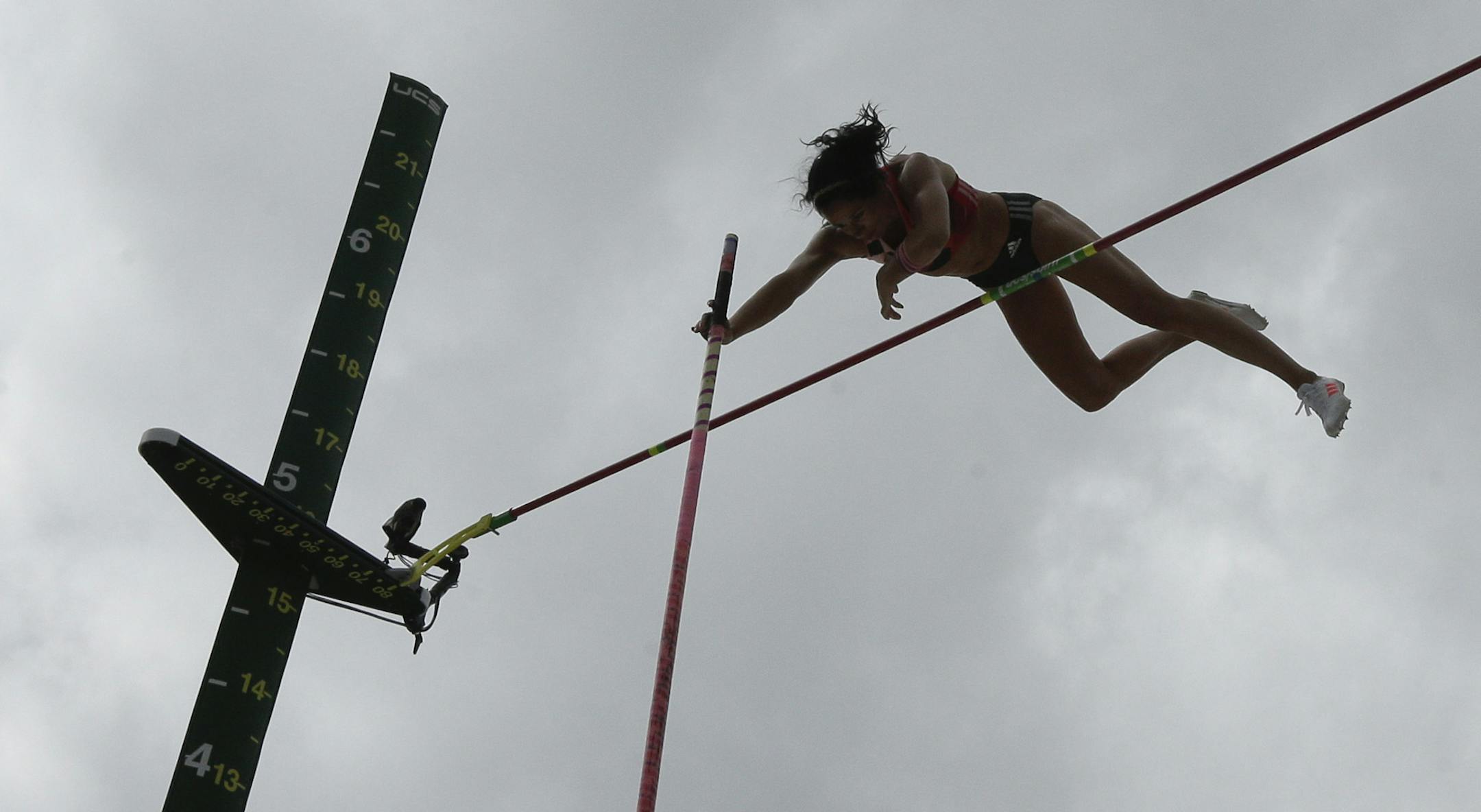 Jenn Suhr competes during the women's pole vault final at the U.S. Olympic Track and Field Trials, Sunday, July 10, 2016, in Eugene Ore. (AP Photo/Charlie Riedel)