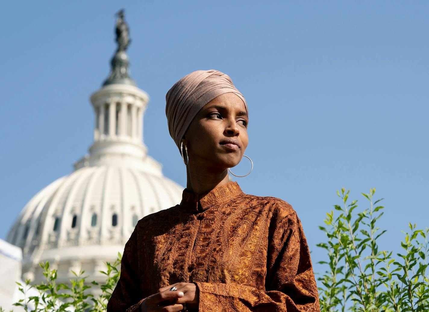 FILE -- Rep. Ilhan Omar (D-Minn.), who has been the target of social media and online ads containing disinformation, at a news conference on Capitol Hill in Washington, July 25, 2019. Few politicians or their staffs are prepared to quickly notice and combat incorrect stories about them, according to dozens of campaign staff members and researchers who study online disinformation. (Erin Schaff/The New York Times)