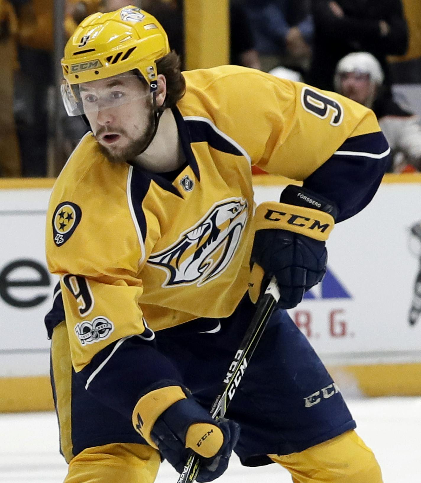 Nashville Predators left wing Filip Forsberg (9), of Sweden, plays against the Anaheim Ducks during the second period in Game 3 of the Western Conference final in the NHL hockey Stanley Cup playoffs Tuesday, May 16, 2017, in Nashville, Tenn. (AP Photo/Mark Humphrey) ORG XMIT: TNMH1