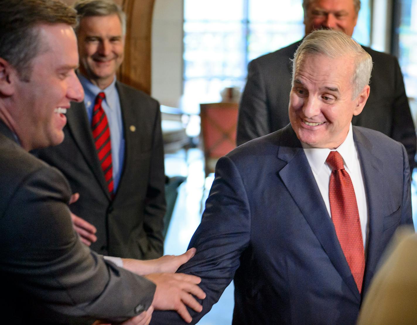 House Speaker Kurt Daudt joked with Governor Dayton about how much time they have spent together in recent weeks trying to bring the session to a close. ] GLEN STUBBE * gstubbe@startribune.com Thursday, June 11, 2015 Governor Mark Dayton met privately with all four legislative caucus leaders at the Governor's Residence Thursday morning in hopes of nailing down a final agreement before the state draws any closer to a government shutdown and held a news conference after the meeting.